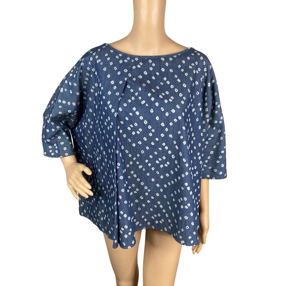 Neirami Italy Oversized Cotton Chambray Diamond Print Pleated Neck Top OS